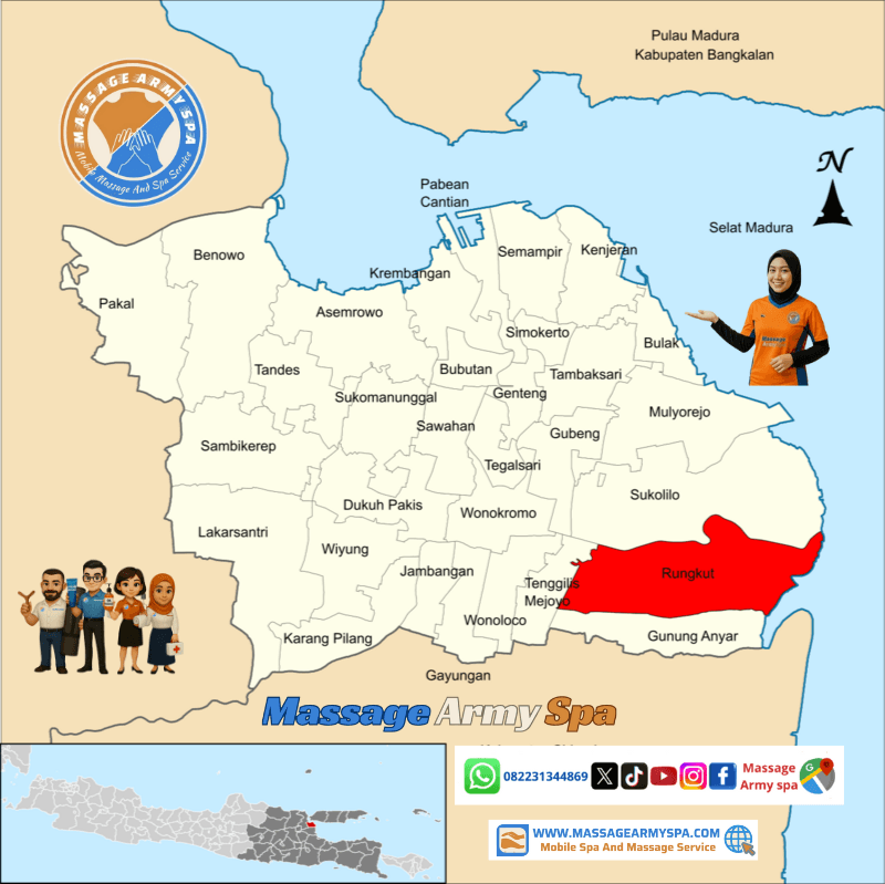 Pijat Terdekat Rungkut, Kali Rungkut, Kedung Baruk, Medokan Ayu, Penjaringan Sari, Rungkut Kidul, Wonorejo Rungkut, Surabaya